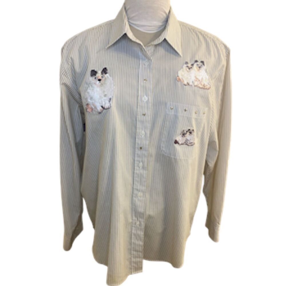 Las Olas Women’s Blouse Cat Embroidery Stripe Bling Sz. L Kitten Feline